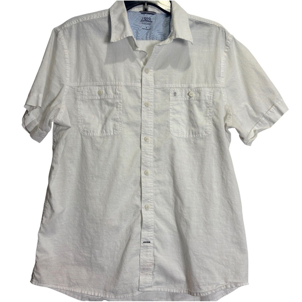 IZOD Saltwater Button Down Mens Large White Short Sleeve Slub Cotton